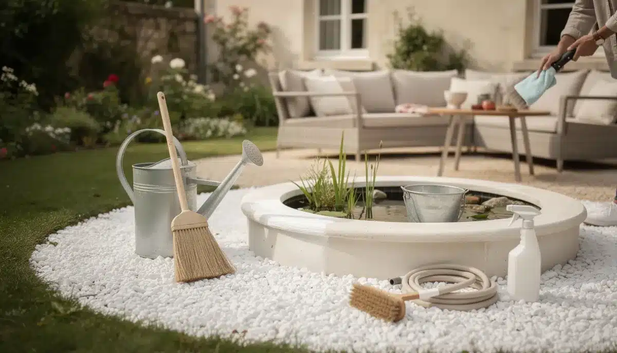 Nettoyer le jardin : outils, mobilier, cailloux blancs et bassin